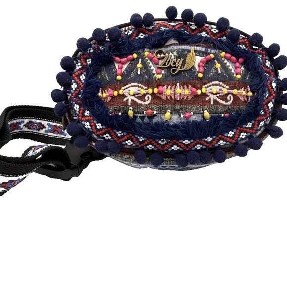 Zoey Beaded Belt Bag Blue Pom Pom Embroidered Fanny Pack Sling Boho Festival Psy - Picture 1 of 10